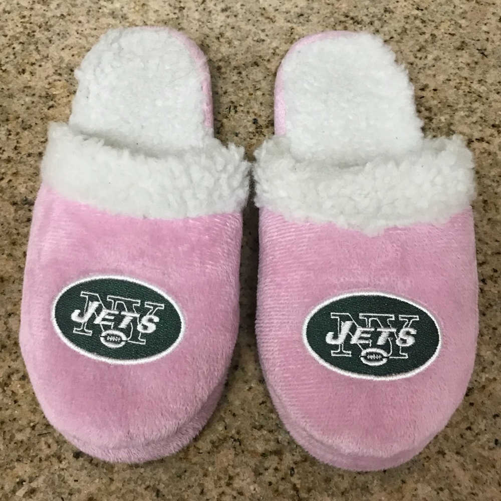 Women’s Baby Pink Jets Logo Slippers, Sz 8